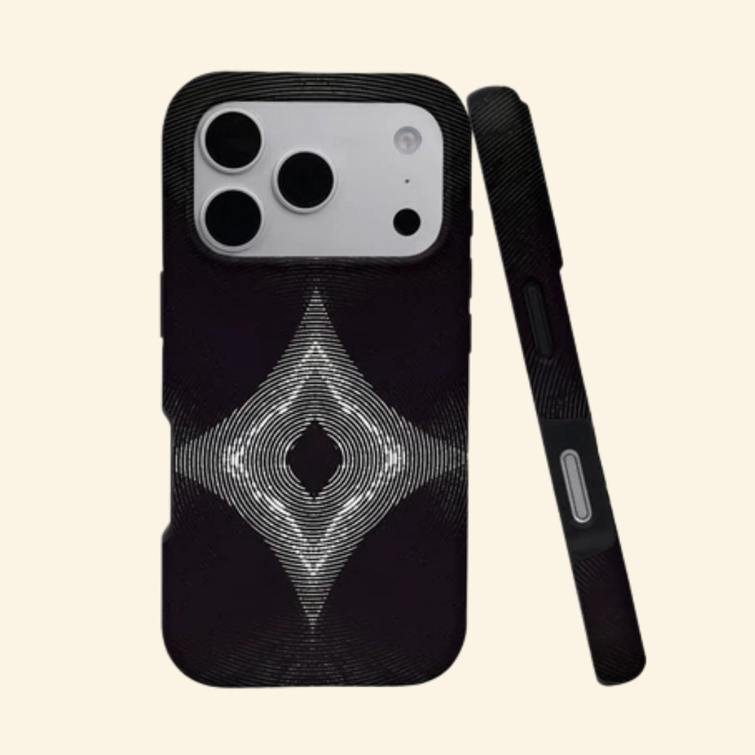 The Sonic Starburst case – angled floating view showing four-pointed rhombus concentric line pattern on matte black