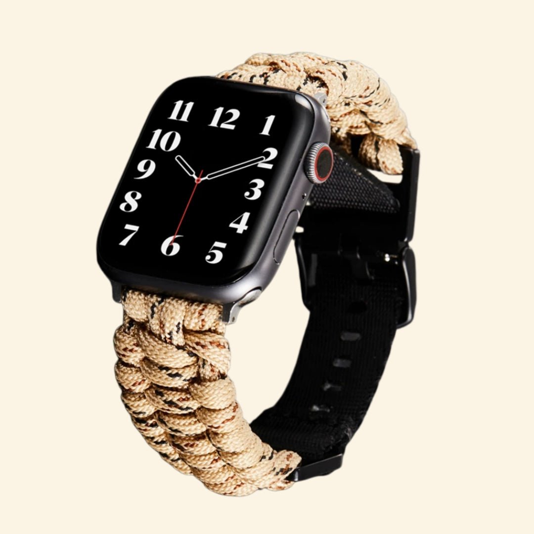 Desert Khaki Paracord Braided Band for Apple Watch - Carapace StudioWatch BandCarapace StudioCarapace StudioApple Watch Ultra 3 (49mm)Desert Khaki Paracord Braided Band on Apple Watch — angled side view