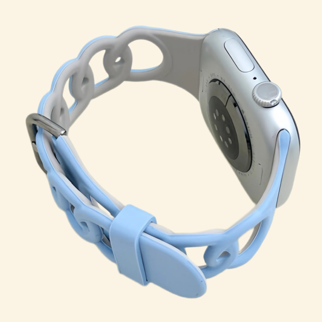 Glacier Blue & Slate Grey Cutout Chain Link Band — front face view on Apple Watch