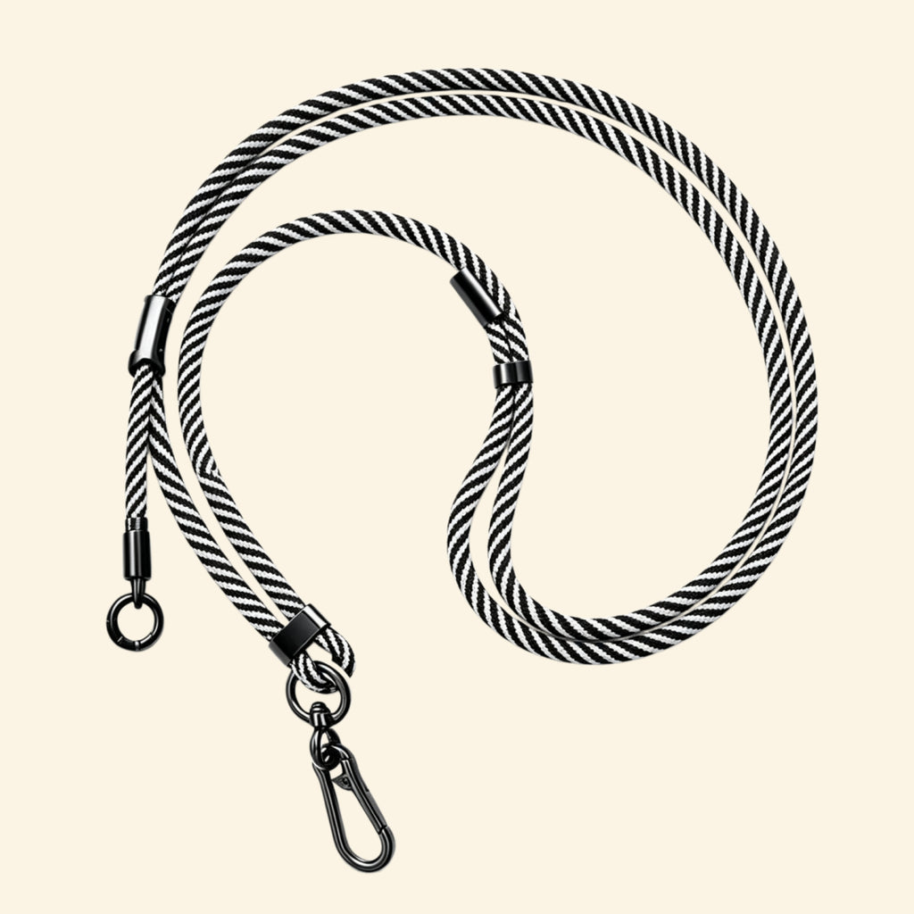 The Core Cord Monochrome Zebra Stripe – full lanyard coiled flat lay