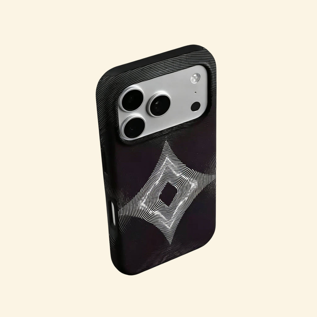 The Sonic Starburst case – front and side profile flat lay showing slim matte black shell and optical rhombus