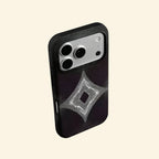 The Sonic Starburst case – front and side profile flat lay showing slim matte black shell and optical rhombus