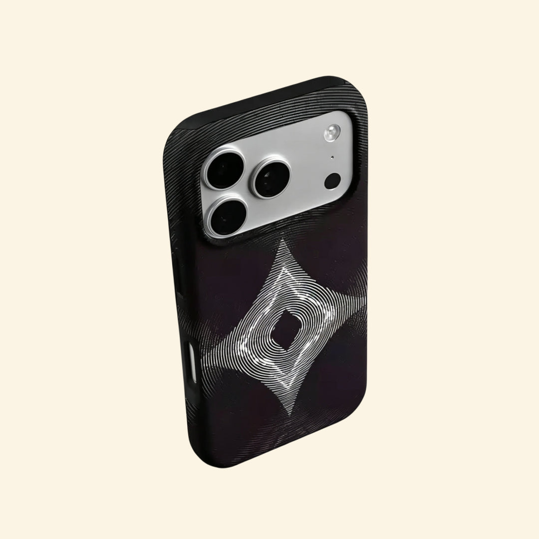 The Sonic Starburst case – front and side profile flat lay showing slim matte black shell and optical rhombus