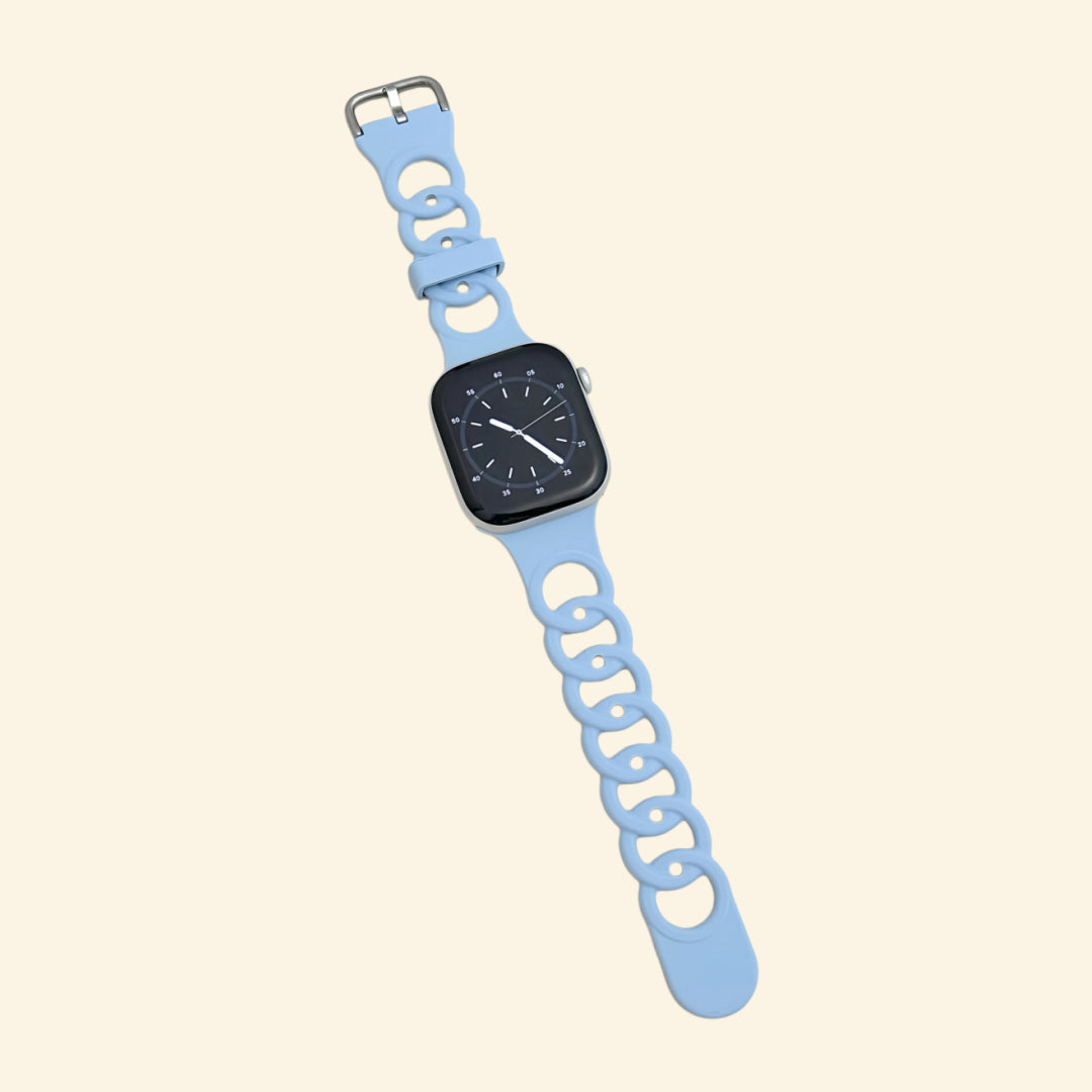 Glacier Blue & Slate Grey Cutout Chain Link Band — rear sensor view on Apple Watch