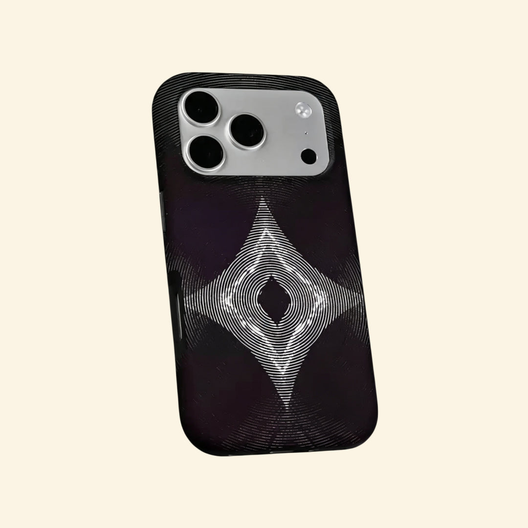 The Sonic Starburst case – hand-held lifestyle shot showing full concentric line starburst artwork