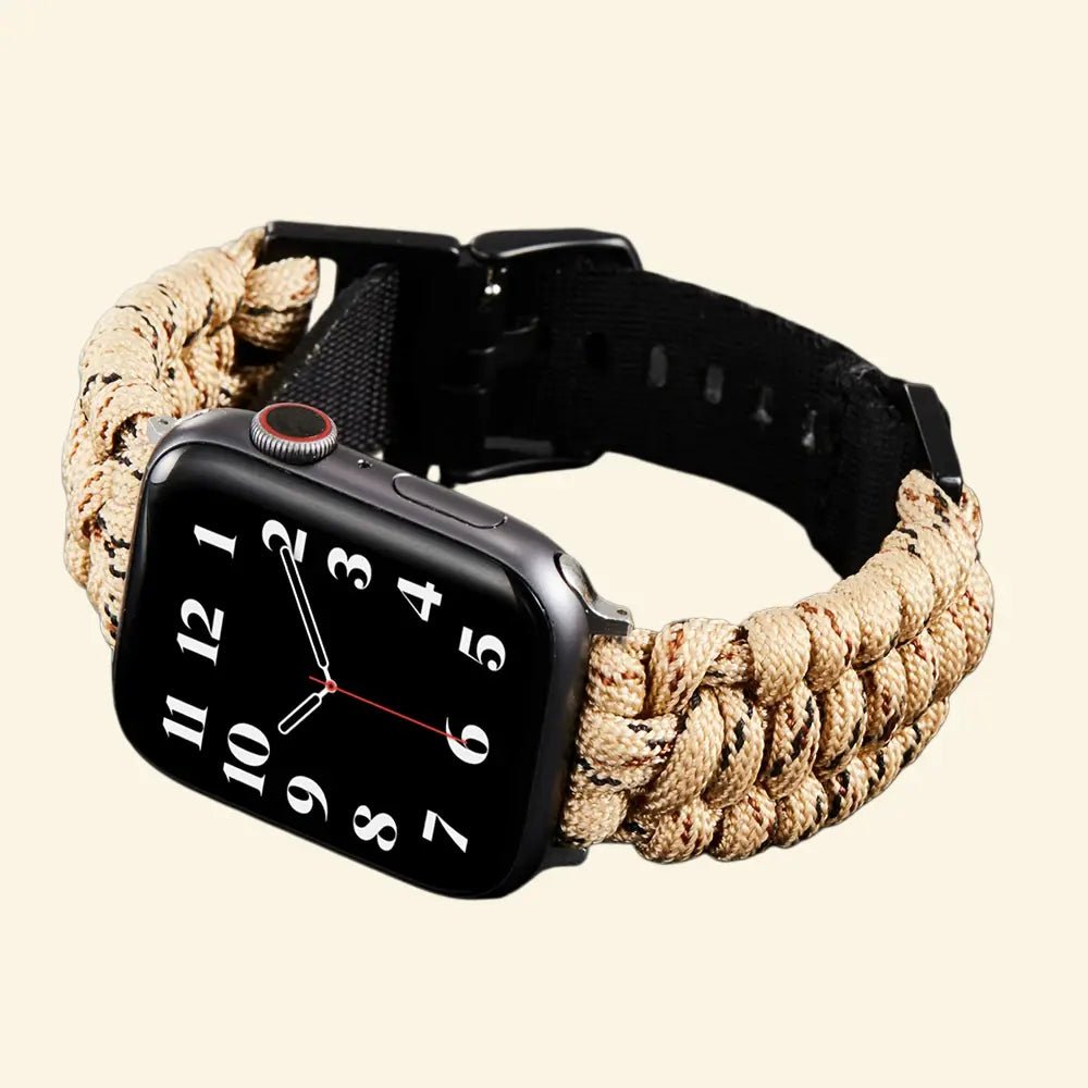 Desert Khaki Paracord Braided Band for Apple Watch - Carapace StudioWatch BandCarapace StudioCarapace StudioApple Watch Ultra 3 (49mm)Desert Khaki Paracord Braided Band — flat lay with Apple Watch and size variants