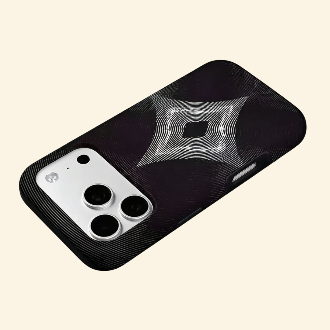 The Sonic Starburst case – floating side angle showing ultra-fine line detail and matte black shell