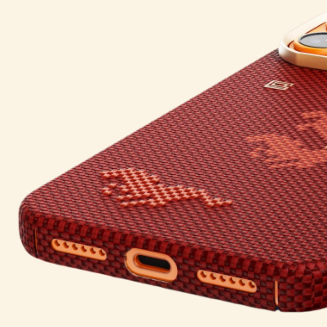 Specimen No. 10547 Galloping Steed Aramid iPhone Case — full back view in crimson