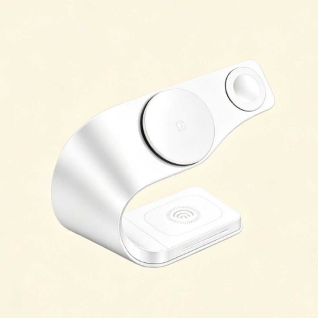 Streamlined Metal 3-in-1 Magnetic Wireless Charging Stand - Carapace StudioWireless ChargerCarapace StudioCarapace Studio10559Titanium GrayDual-angle view of charging stand with iPhone showing clock widget and AirPods on base pad