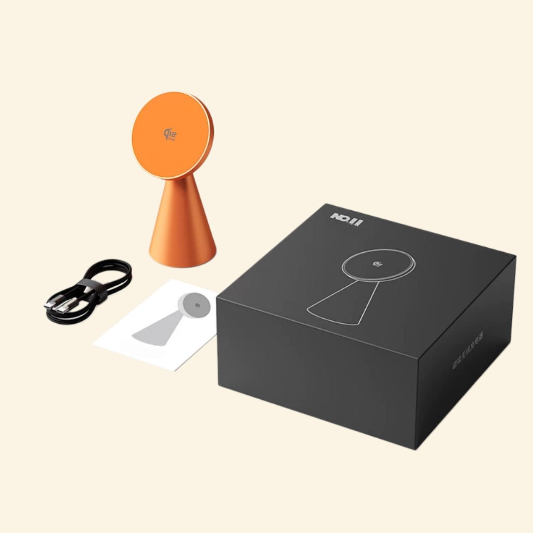 Geometric Cone Qi2 25W Wireless Charging Stand - Carapace StudioWireless ChargerCarapace StudioCarapace StudioSPEC-10556-CONE-QI2Amber GoldGeometric Cone Qi2 25W Wireless Charging Stand — landscape orientation with iPhone in StandBy mode