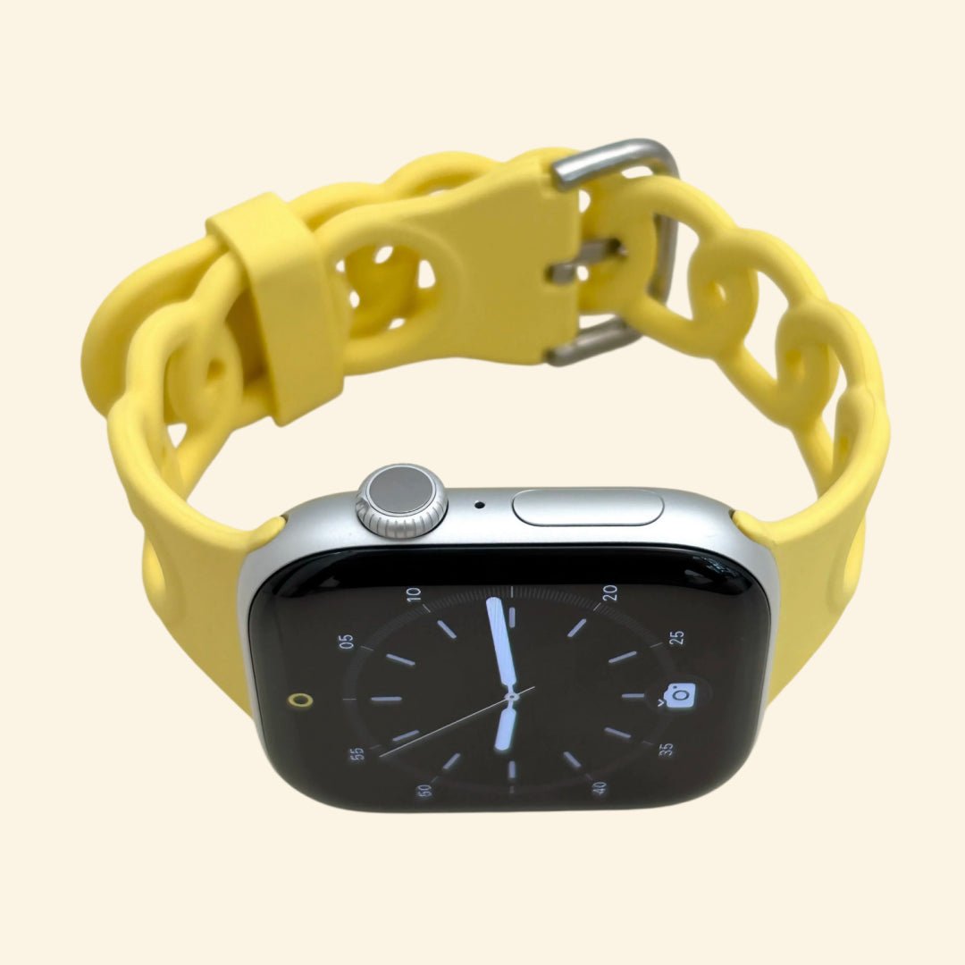 Vibrant Lemon Yellow Cutout Chain Link Silicone Band for Apple Watch - Carapace StudioWatch BandCarapace StudioCarapace StudioSPEC-8878-SOLAR-GINKGO-1Apple Watch Ultra 3 (49mm)Vibrant Lemon Yellow Cutout Chain Link Silicone Band - Front View