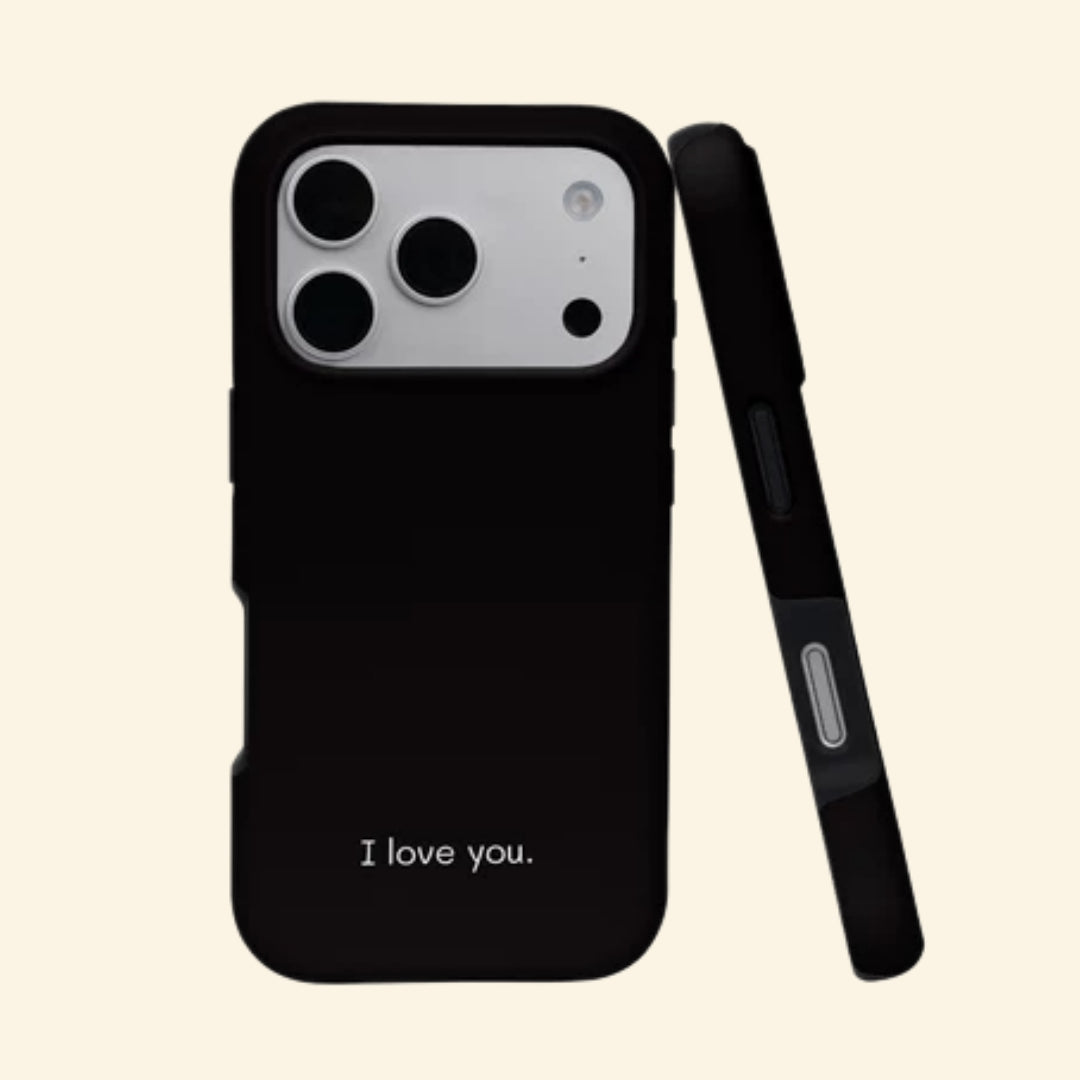 The Final Vow case – hand-held lifestyle shot showing crisp white I love you. text on matte black
