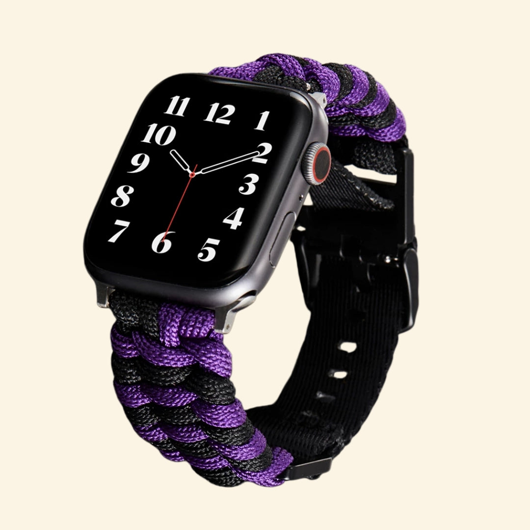 Royal Purple & Black Paracord Braided Band on Apple Watch — flat lay with size variants