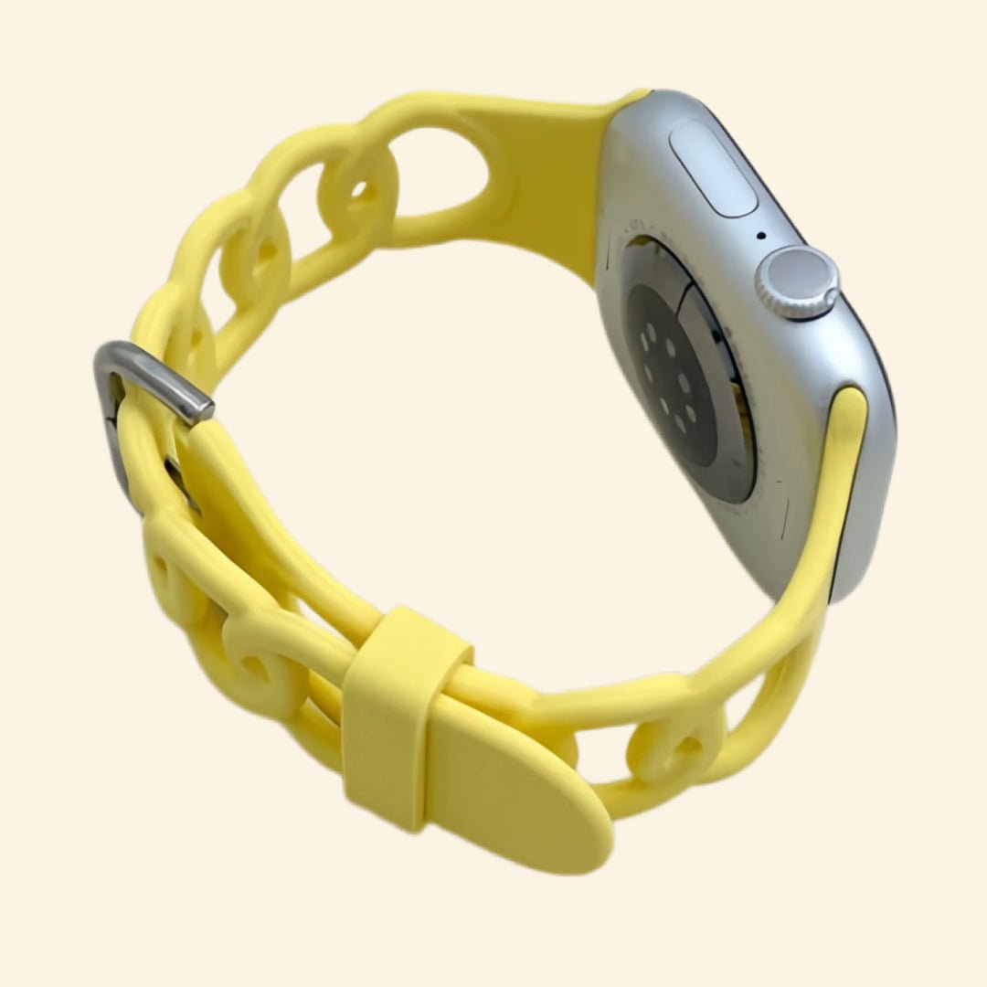 Vibrant Lemon Yellow Cutout Chain Link Silicone Band for Apple Watch - Carapace StudioWatch BandCarapace StudioCarapace StudioSPEC-8878-SOLAR-GINKGO-1Apple Watch Ultra 3 (49mm)Vibrant Lemon Yellow Cutout Chain Link Silicone Band - Back View
