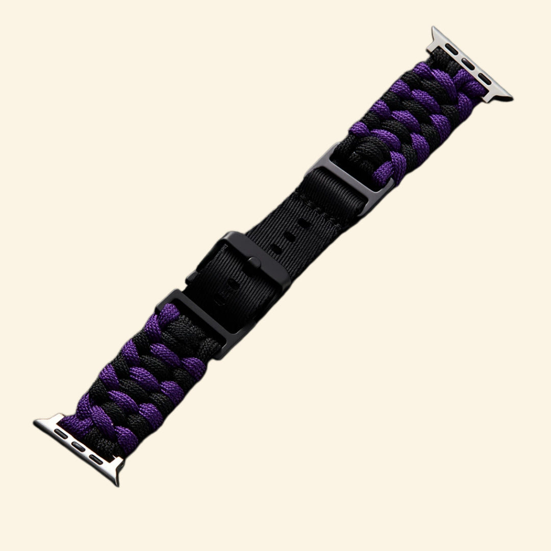 Royal Purple & Black Paracord Braided Band on Apple Watch — angled front view on wrist