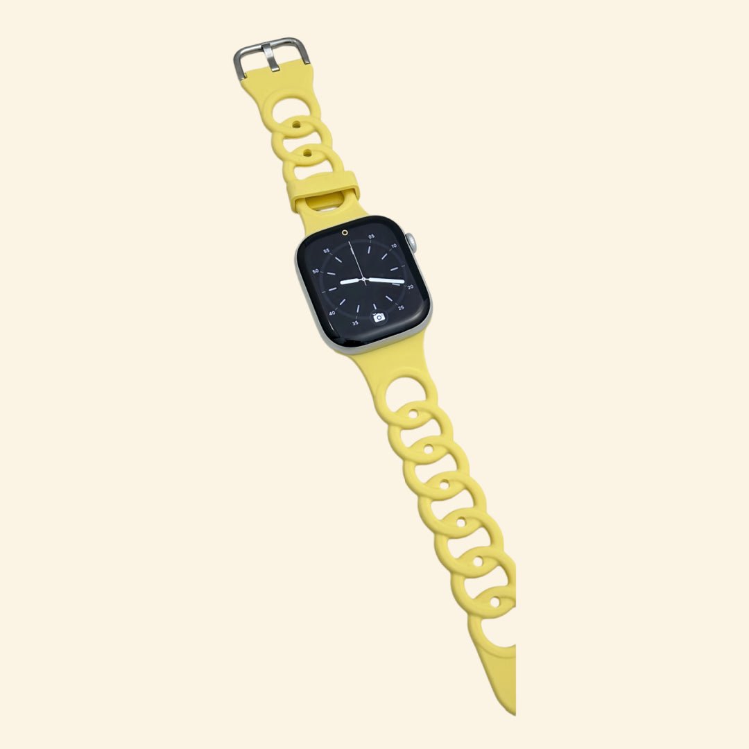Vibrant Lemon Yellow Cutout Chain Link Silicone Band for Apple Watch - Carapace StudioWatch BandCarapace StudioCarapace StudioSPEC-8878-SOLAR-GINKGO-1Apple Watch Ultra 3 (49mm)Vibrant Lemon Yellow Cutout Chain Link Silicone Band - Flat Lay