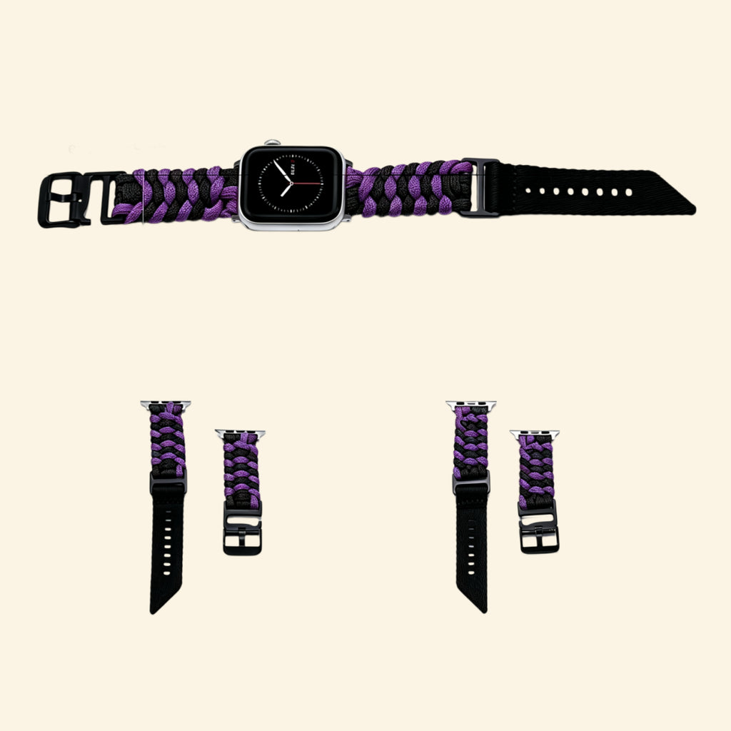 Royal Purple & Black Paracord Braided Band on Apple Watch — side angle wrist view