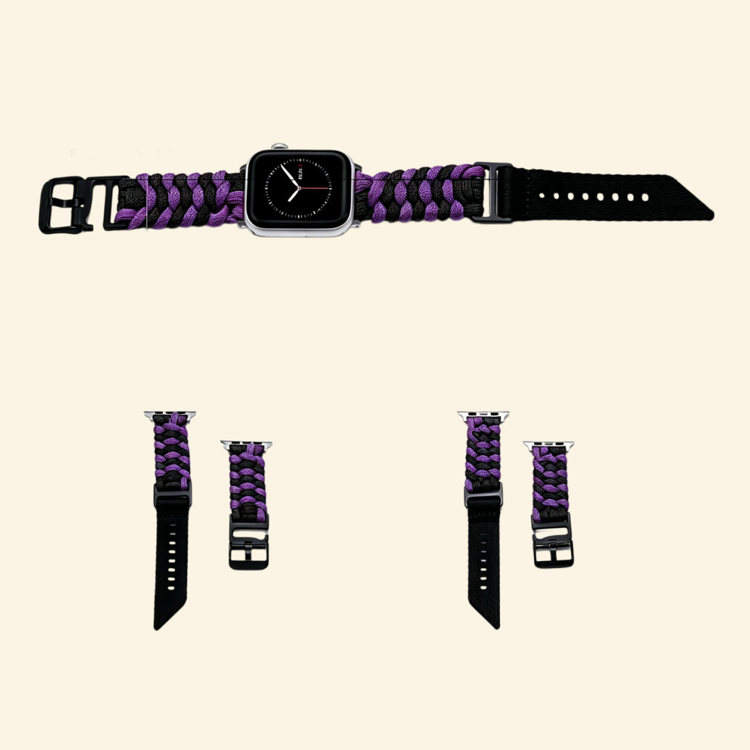 Royal Purple & Black Paracord Braided Band on Apple Watch — side angle wrist view