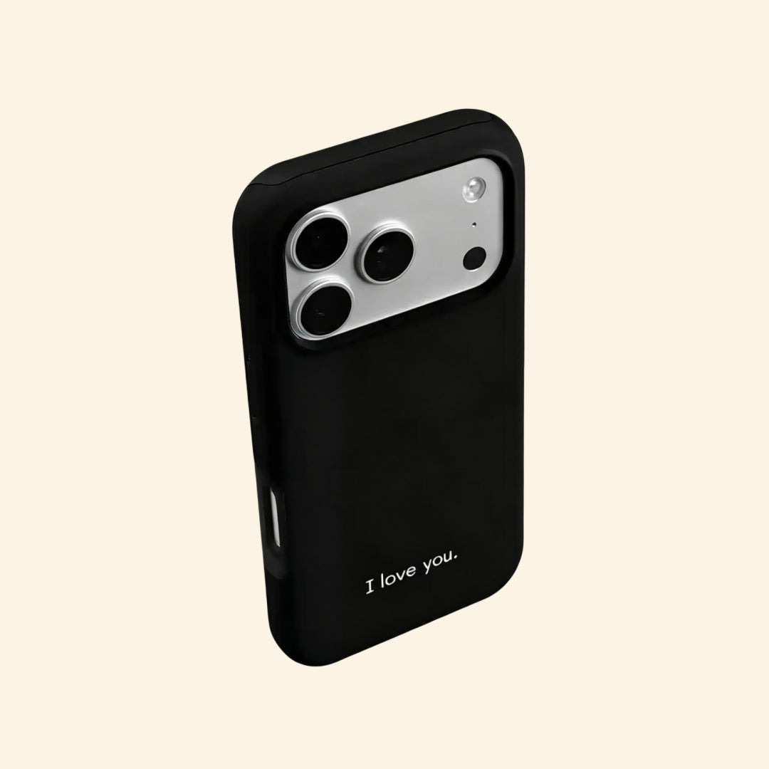 The Final Vow case – side floating angle showing slim matte black profile and I love you. text