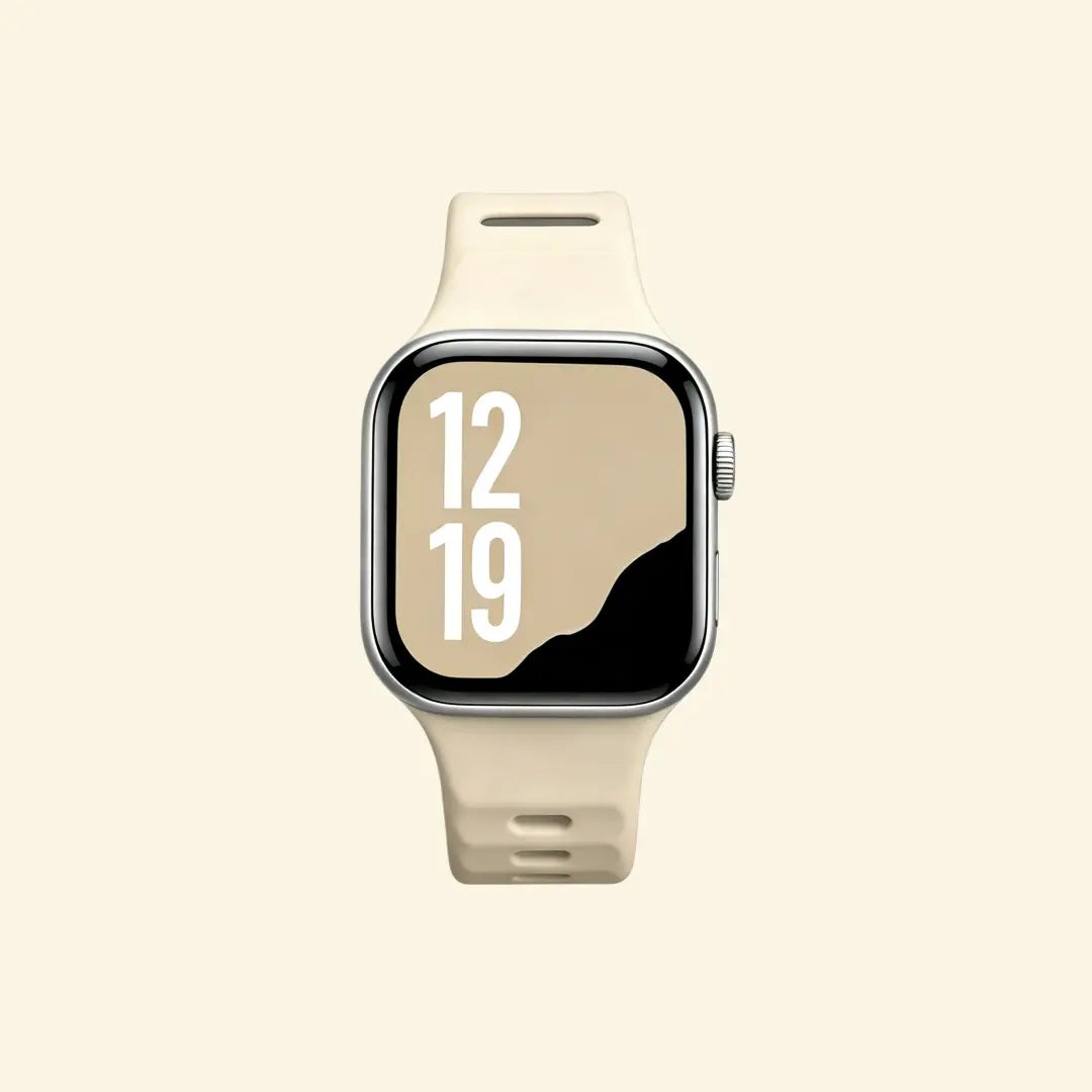 Oat Beige Ocean Wave Apple Watch Band — angled wrist view on cream background