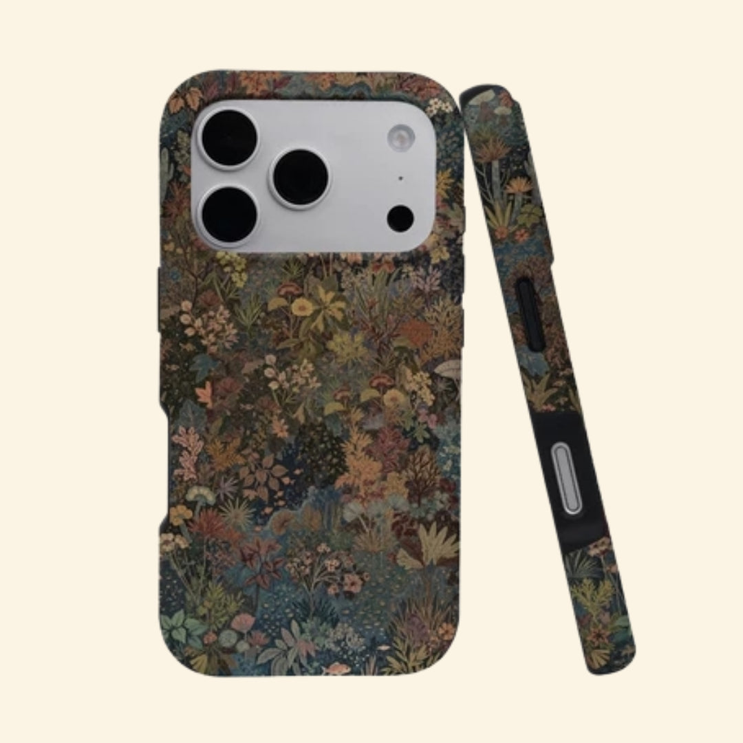 The Nocturnal Flora case – angled floating view showing dense botanical tapestry print with wildflowers and ferns