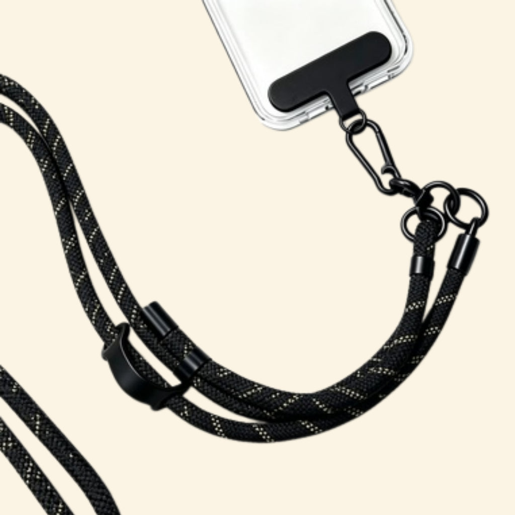 The Core Cord Golden Fleck Grid – lanyard attached to phone case detail view