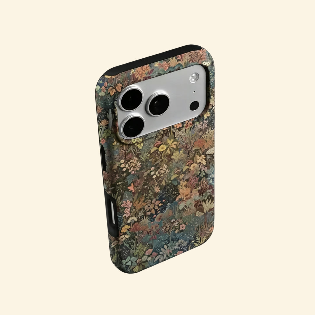 The Nocturnal Flora case – front and side profile flat lay showing full botanical tapestry and slim shell