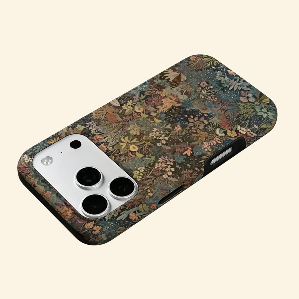 The Nocturnal Flora case – floating side angle showing nocturnal flora detail and dual-layer construction