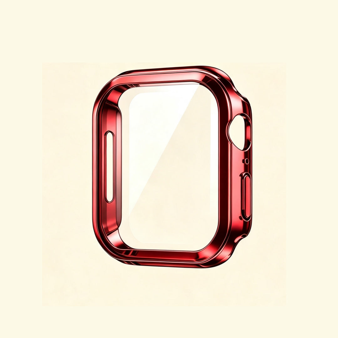 The Scarlet Cipher Crimson Red – exploded view showing case, glass, and Apple Watch