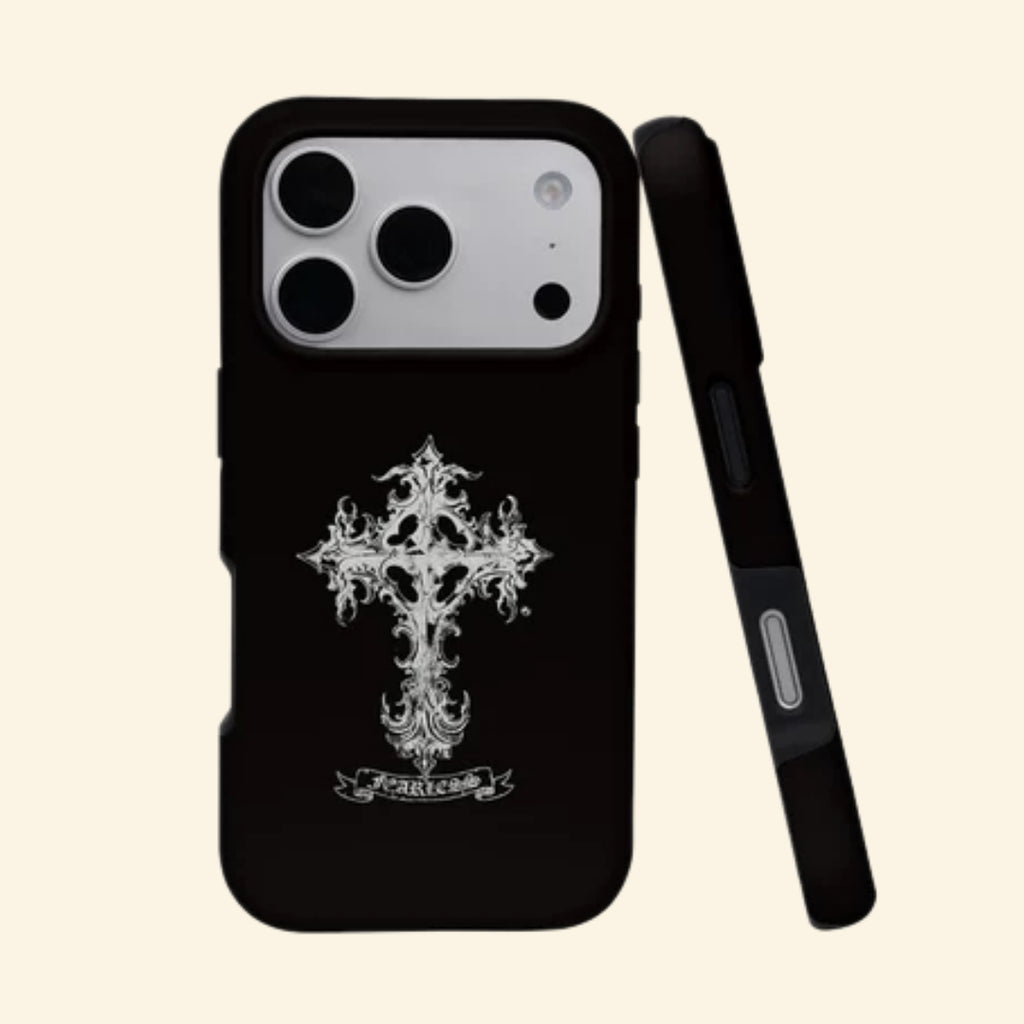 The Fearless Emblem case – angled floating view showing ornate silver gothic cross and FEARLESS banner on matte black