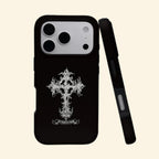 The Fearless Emblem case – angled floating view showing ornate silver gothic cross and FEARLESS banner on matte black