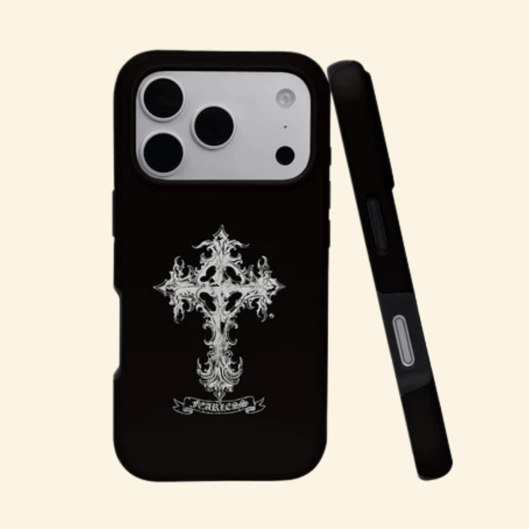 The Fearless Emblem case – angled floating view showing ornate silver gothic cross and FEARLESS banner on matte black