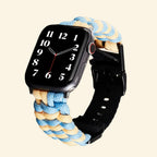 Azure Blue & Beige Paracord Braided Band — flat lay with Apple Watch and size variants top view