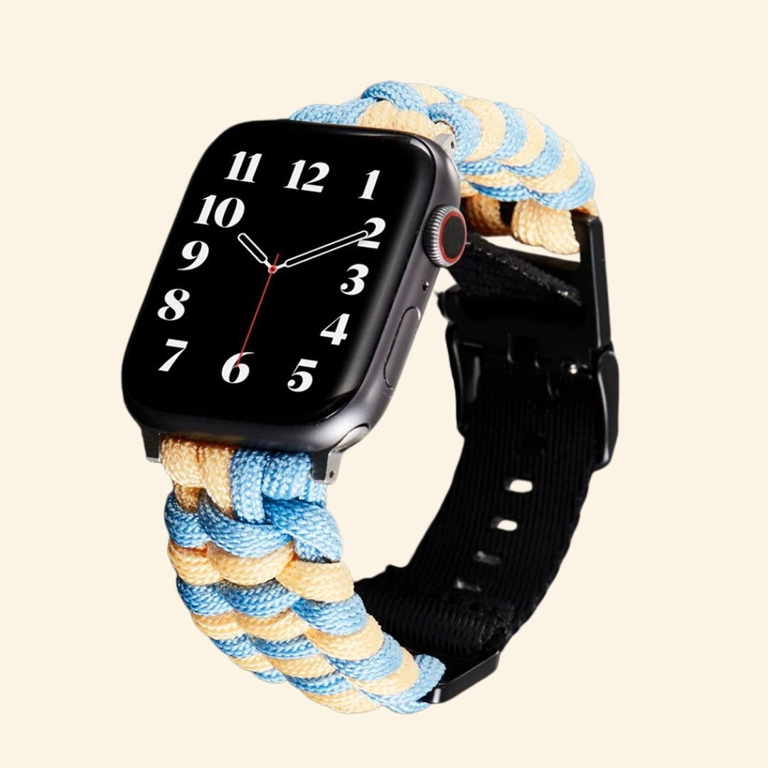 Azure Blue & Beige Paracord Braided Band — flat lay with Apple Watch and size variants top view
