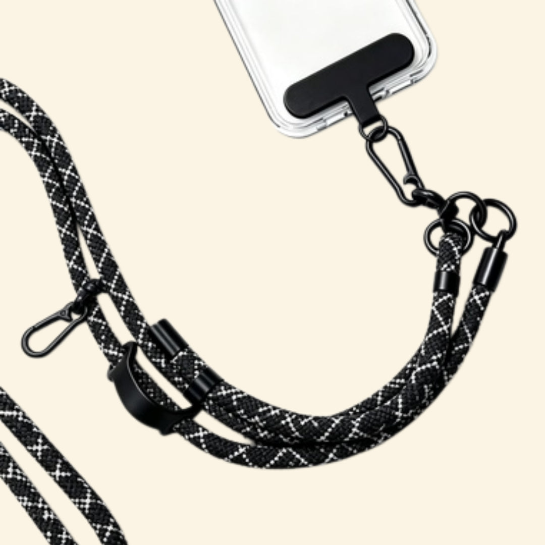 The Core Cord Monochrome Grid – lanyard attached to phone case detail view
