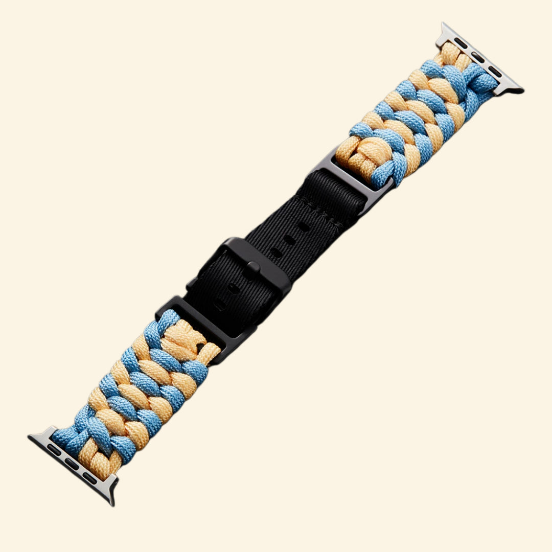 Azure Blue & Beige Paracord Braided Band on Apple Watch — angled side view