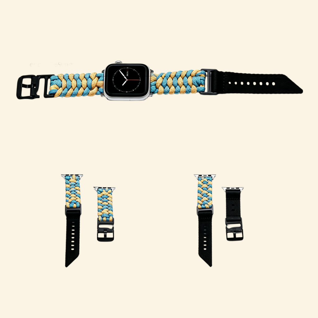 Azure Blue & Beige Paracord Braided Band on Apple Watch — front face angled view