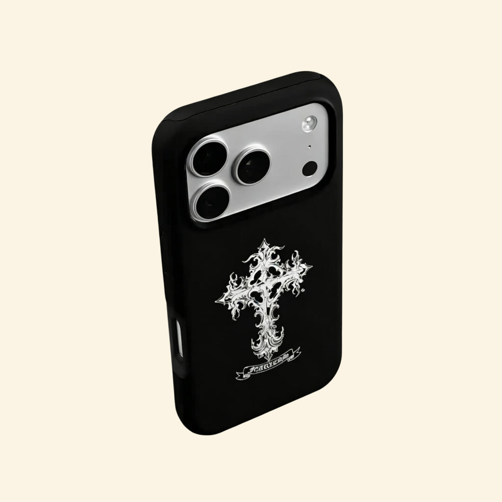 The Fearless Emblem case – low-angle side view showing camera island and gothic cross placement