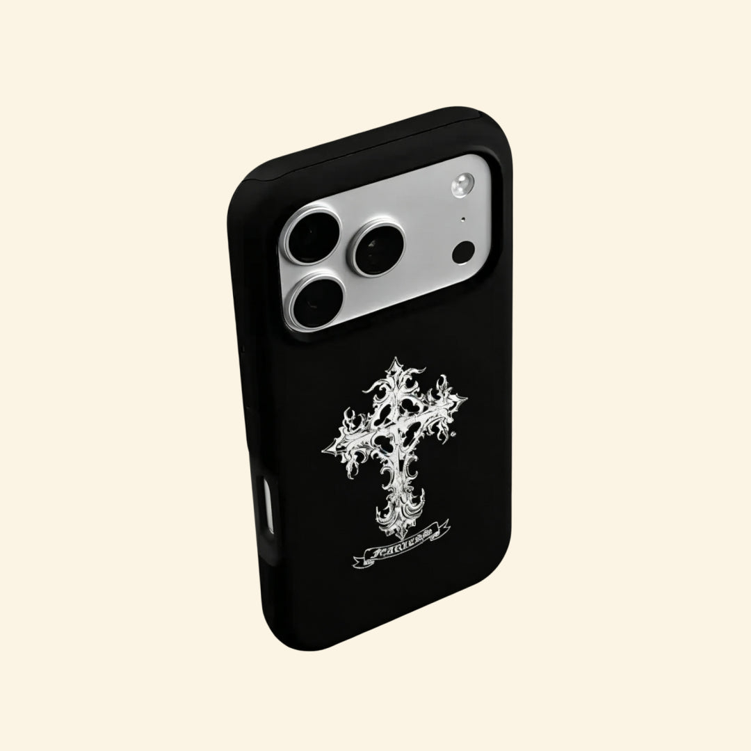 The Fearless Emblem case – low-angle side view showing camera island and gothic cross placement