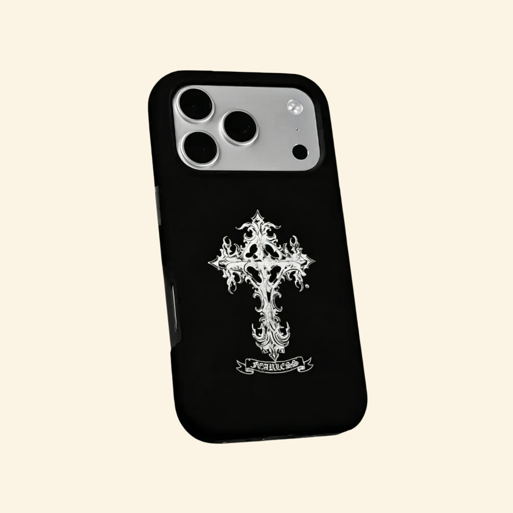 The Fearless Emblem case – flat lay back and side profile showing dual-layer matte black shell and FEARLESS banner