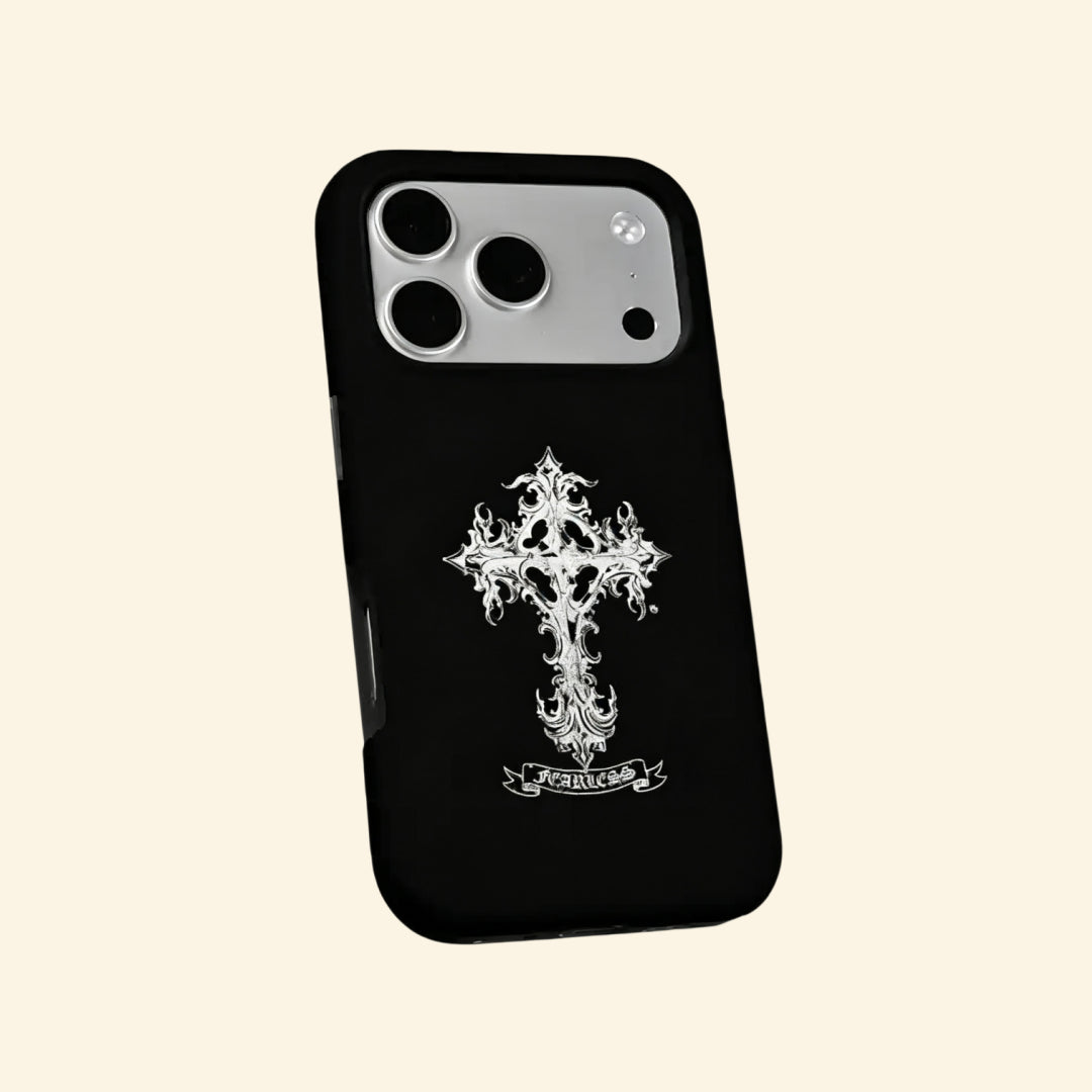 The Fearless Emblem case – flat lay back and side profile showing dual-layer matte black shell and FEARLESS banner