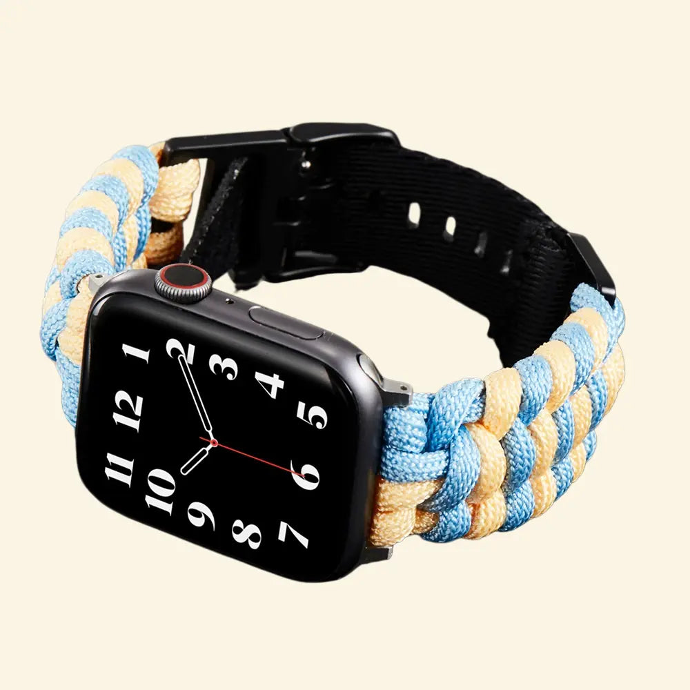 Azure Blue & Beige Paracord Braided Band — full band isolated diagonal view