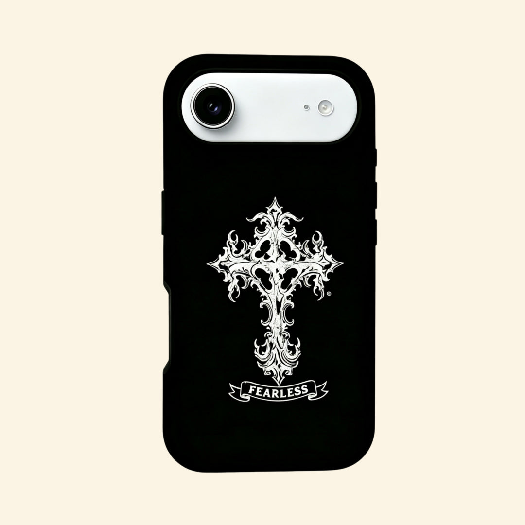 The Fearless Emblem – Gothic Ornate Cross & “FEARLESS” Banner iPhone Case