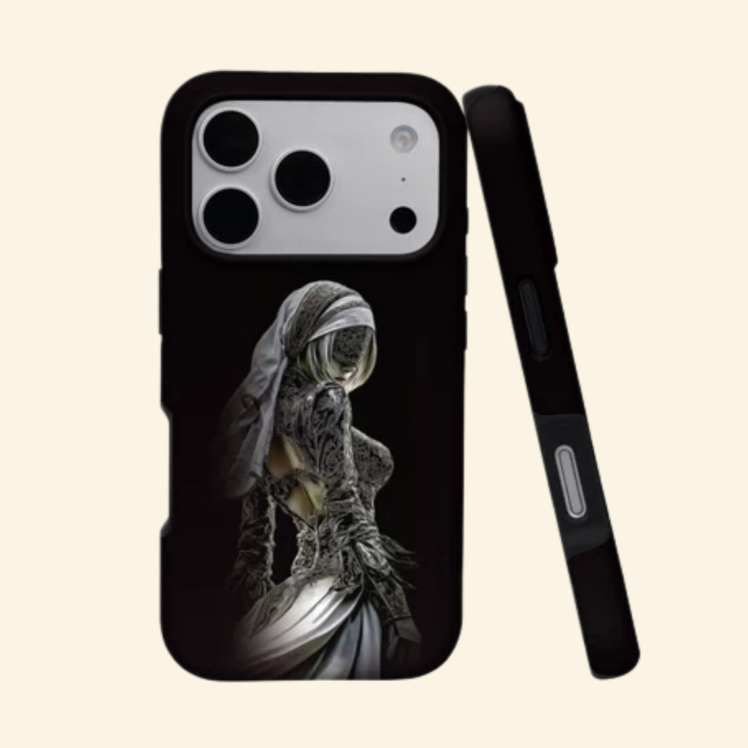 The Dark Priestess case – angled floating view showing veiled gothic nun in silver brocade on matte black