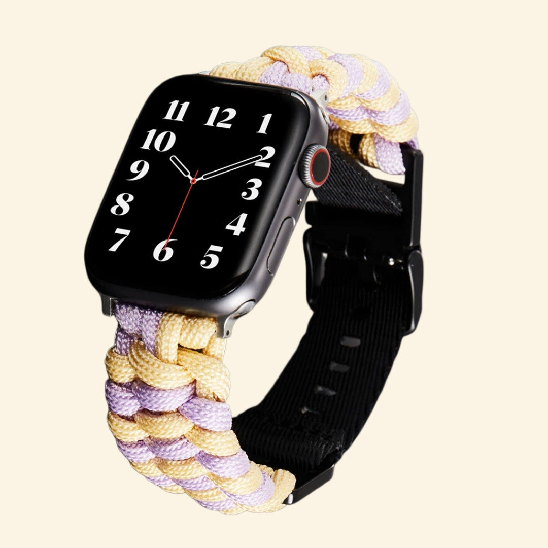 Lavender & Cream Paracord Braided Band — flat lay with Apple Watch and size variants top view