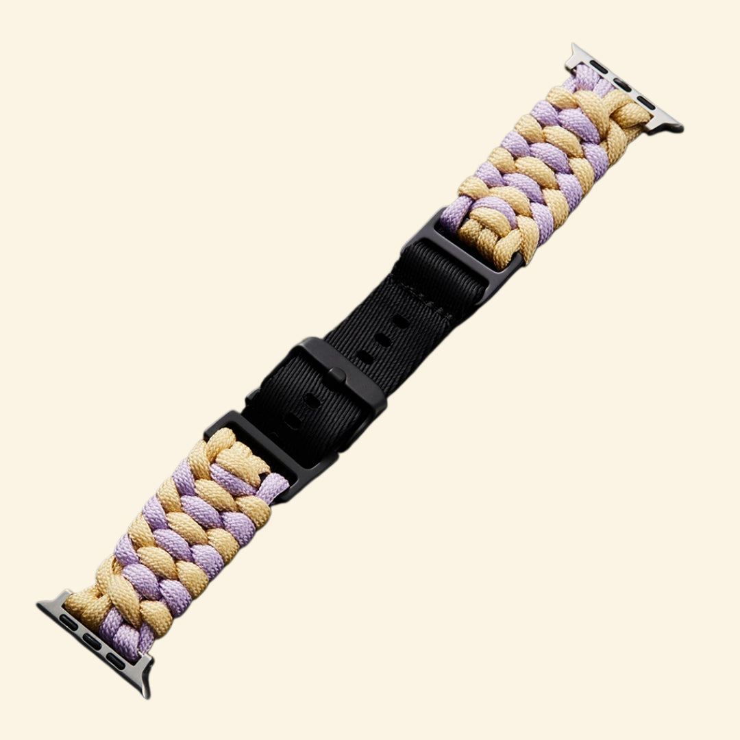 Lavender & Cream Paracord Braided Band on Apple Watch — angled side wrist view