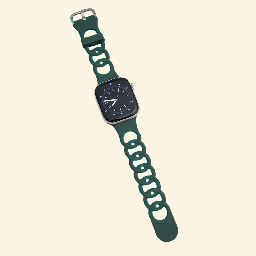 Pine Teal Cutout Chain Link Silicone Band - Flat Lay