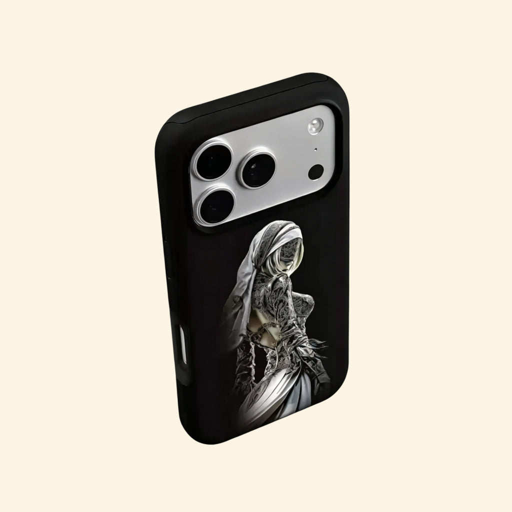 The Dark Priestess case – front and side profile flat lay showing full silver embroidery detail and slim shell