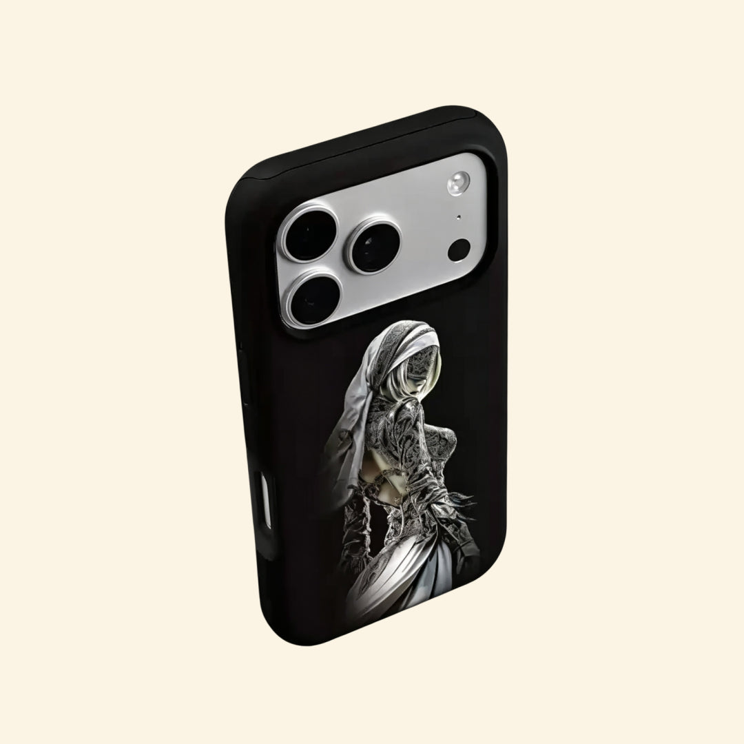 The Dark Priestess case – front and side profile flat lay showing full silver embroidery detail and slim shell