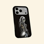 The Dark Priestess case – hand-held lifestyle shot showing full veiled gothic priestess artwork